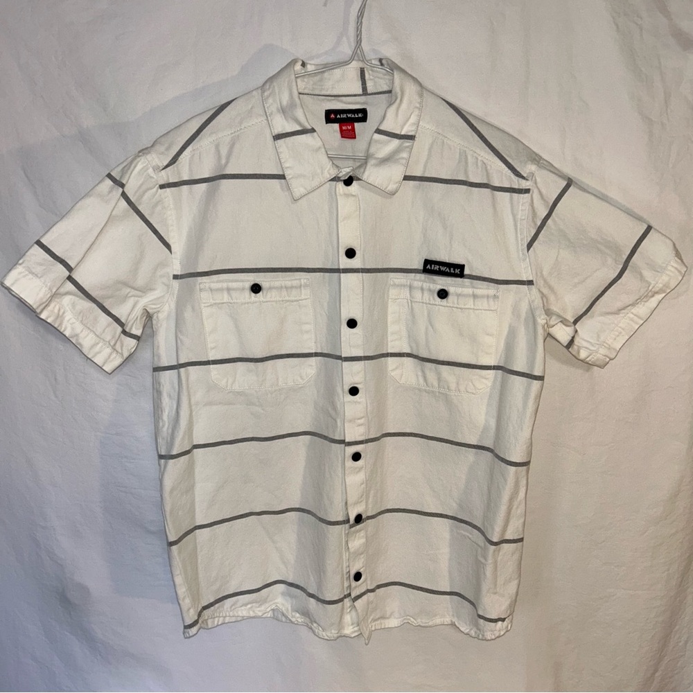 Airwalk Men's Short Sleeve Button-Down Shirt - Size M White/Grey 100% Cotton